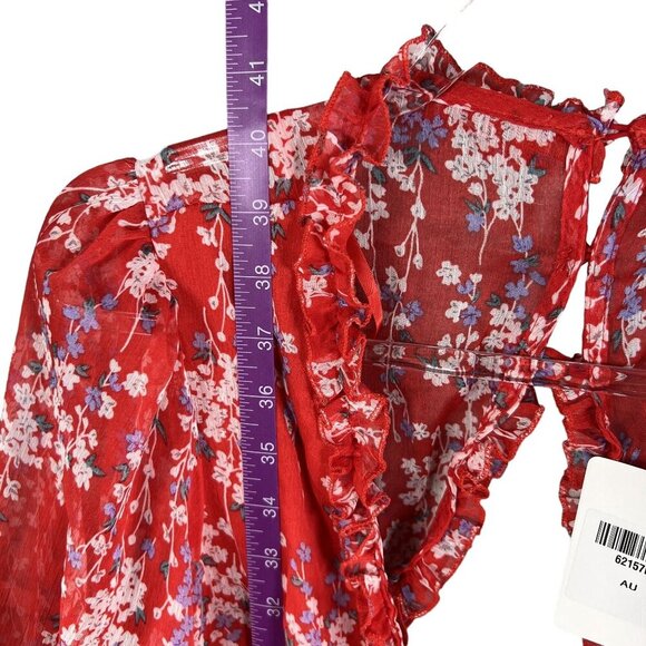 Selfie XL NWT Floral Open Back Ruffle Chiffon Dress Red Long Sleeve Deep V Neck - Picture 13 of 16